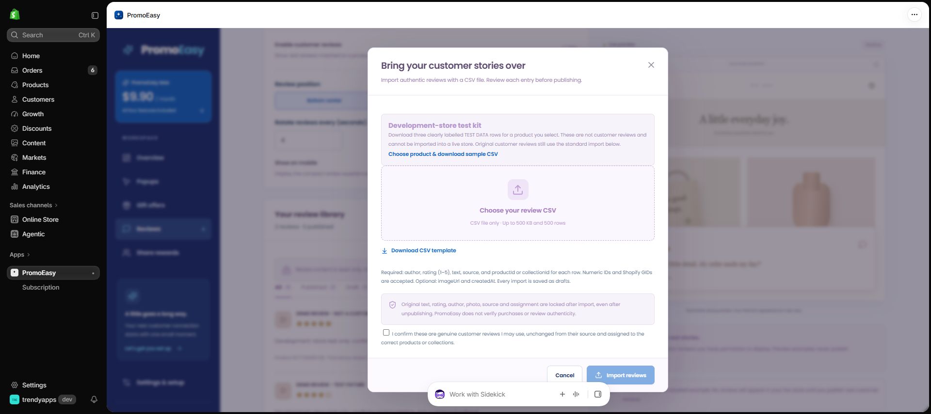 The installed app provides a development-only test kit alongside the unchanged original-review import.