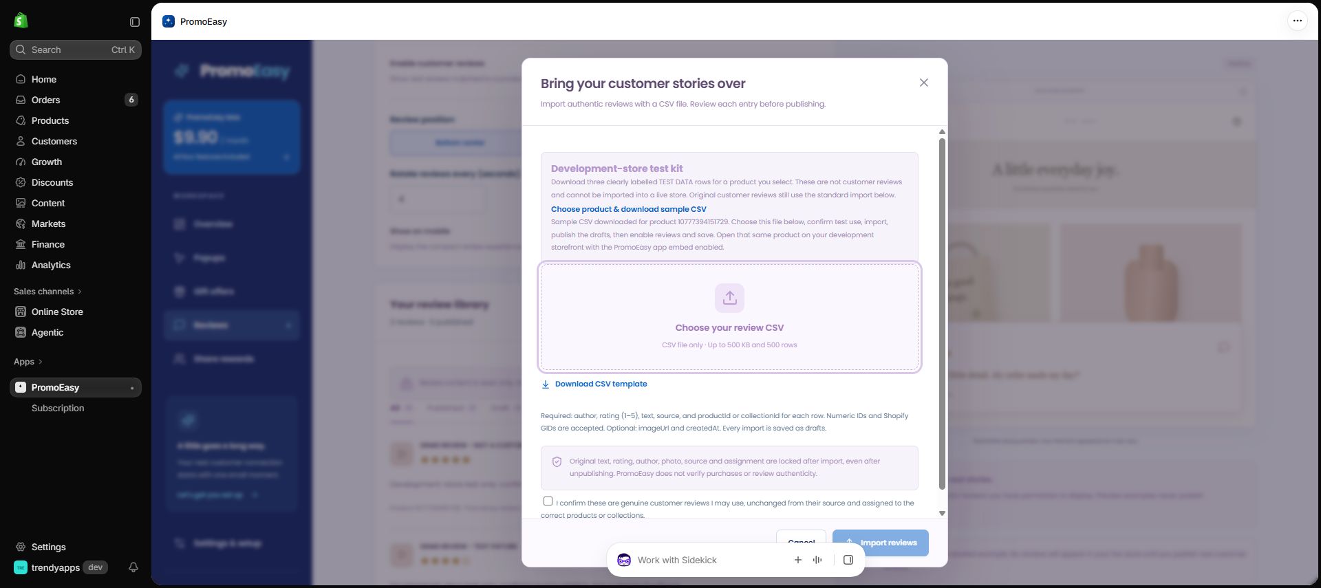 The native Shopify product picker supplied this development-store product ID and a three-row CSV was downloaded.