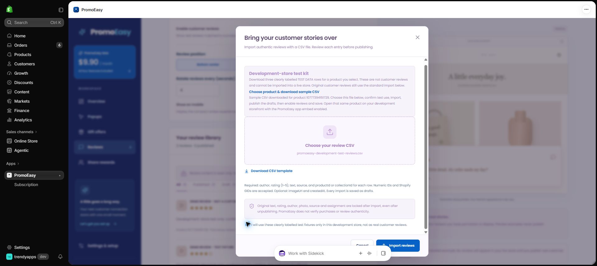 The CSV is recognized as test data and uses a separate test-only confirmation, not a claim that the reviews are genuine.