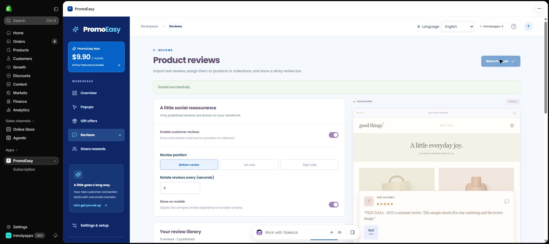 Three test entries were published and the review display enabled; original content remains read-only.