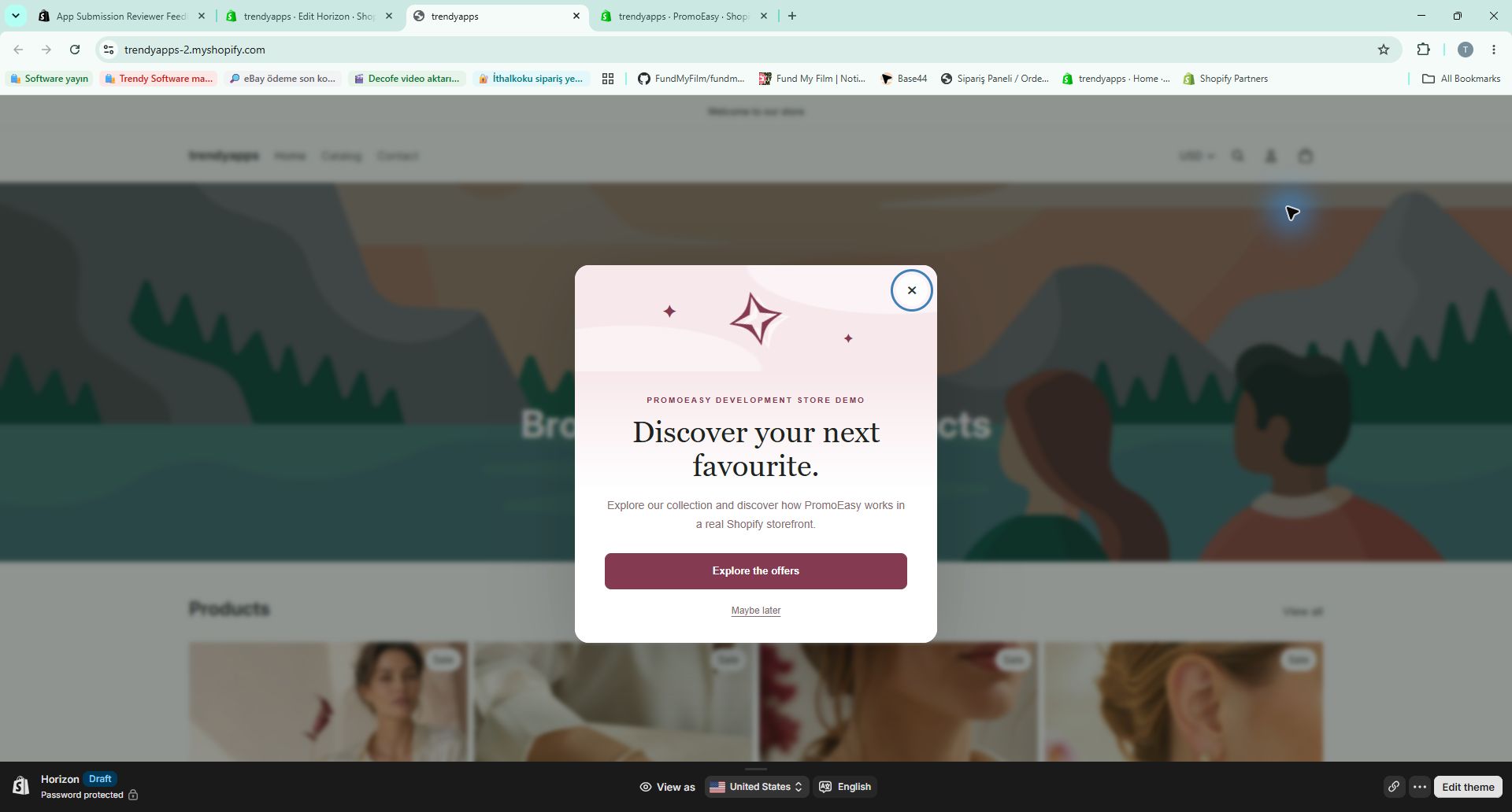 Separate Horizon storefront preview: popup renders after it was dismissed in the theme editor.