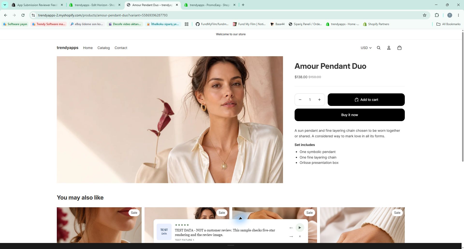 Assigned product on the Horizon storefront: clearly labelled TEST DATA image, original text, rating and pause control.