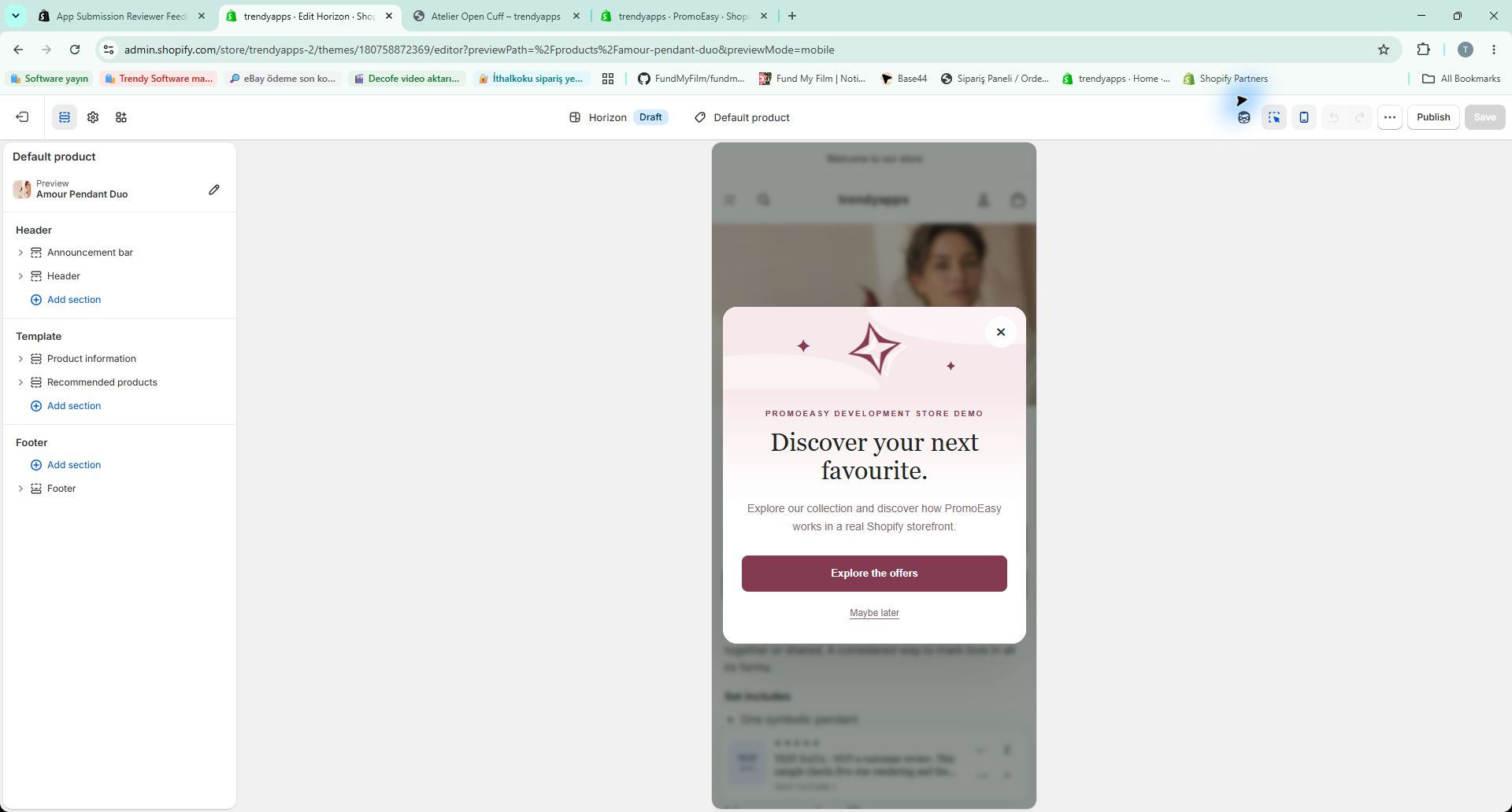 Horizon mobile theme preview: popup text, action and close controls fit the viewport.