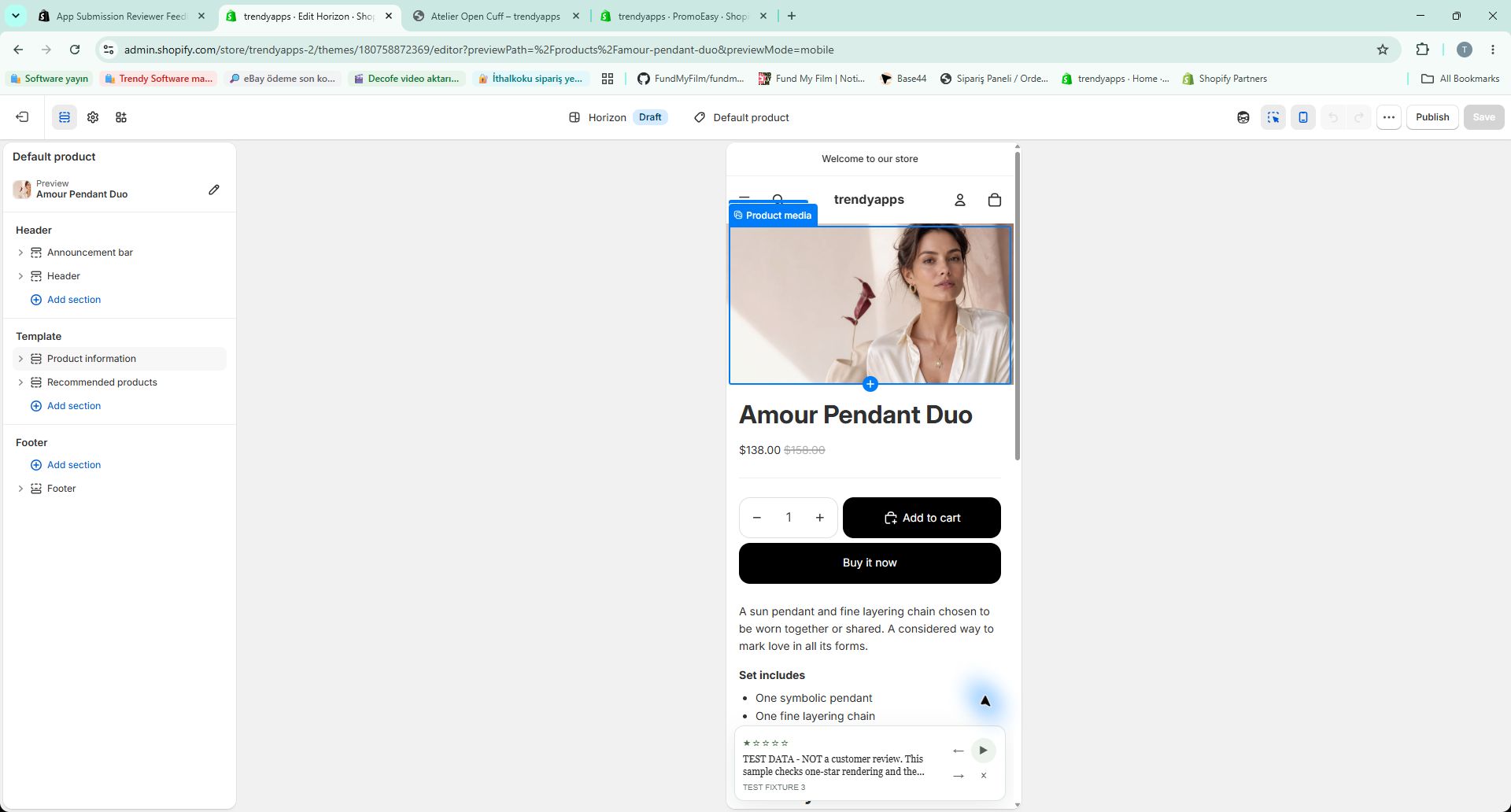 Horizon mobile theme preview: the product review bar is visible with its test label and navigation controls.